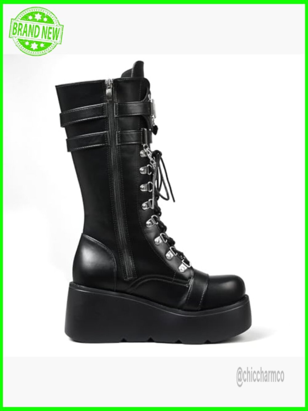 Black Wedge Combat Boots Chunky Heel Lace Up Mid Calf Gothic Shoes - Picture 6 of 7